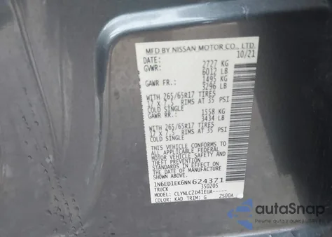 2022 Nissan Frontier Sv 4X4 z USA, uszkodzony, nr VIN 1N6ED1EK6NN624371